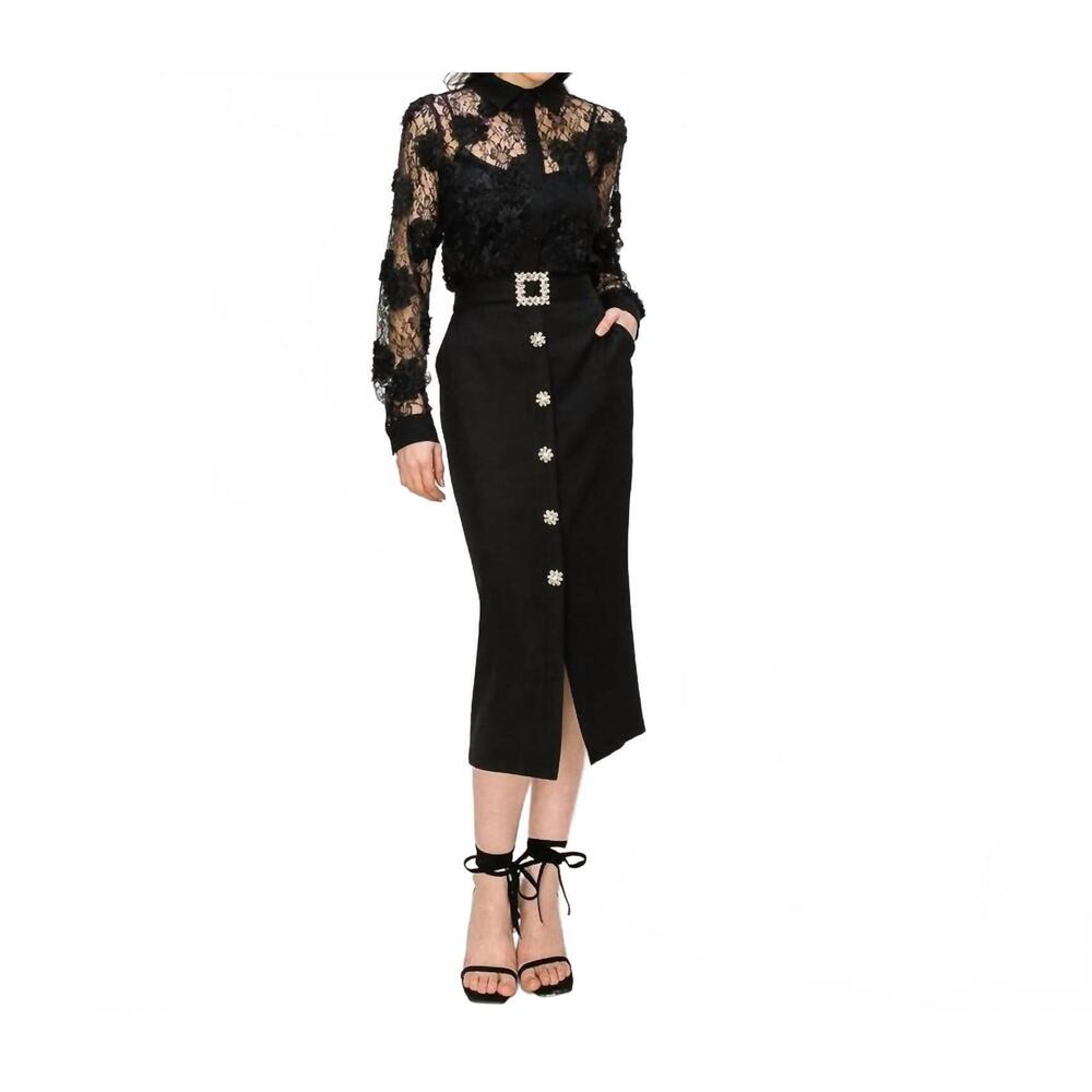 NEW INA FASHION rhinestone button down midi skirt in black